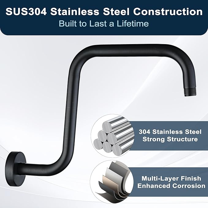 BRIGHT SHOWERS 13 Inch Shower Head Extension Arm with Flange S Shaped High Rise Extender, Long Stainless Steel Rainfall Shower Head Pipe Arm, Oil-Rubbed Bronze