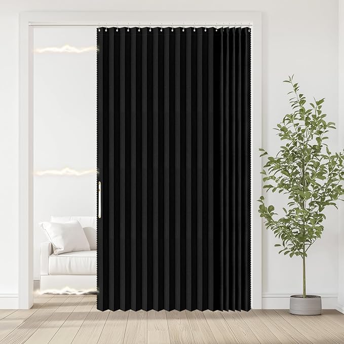 Accordian Door Curtain, 100% Blackout Folding Magnetic Doorway Curtains,Linen Style Closet Doors,for Room Divider,Privacy Protection（W72 x L78,Black,1 Panel）