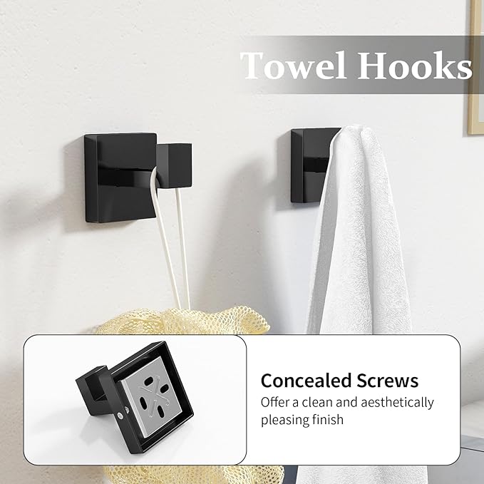 Matte Black Bathroom Accessories Hardware Set 5-Piece, Stainless Steel Towel Racks for Bathroom, 16 Inch Bath Towel Bar Set Wall Mounted