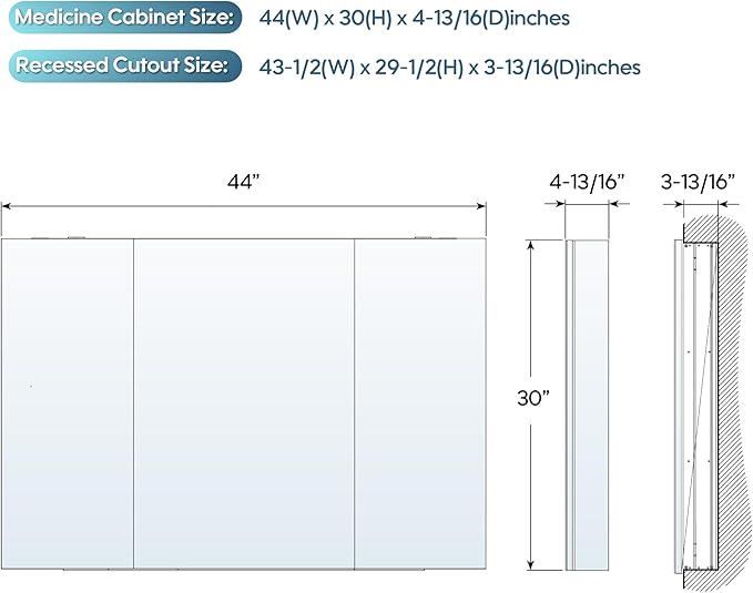 WELLFOR 44" x 30" Rectangle Medicine Cabinet Mirror, Surface Mount or Recessed Medicine Cabinet with Tempered Mirror, Anodized Chrome Aluminum Frame, Bathroom Mirror with Storage