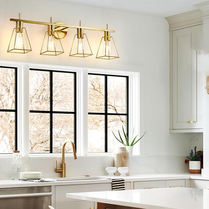 Industrial Bathroom Vanity Lights: 4-Lights Gold Brushed Brass Vintage Metal Cage Wall Lamps - Rustic Farmhouse Light Fixture Over Mirrors Cabinet for Painting Hallway