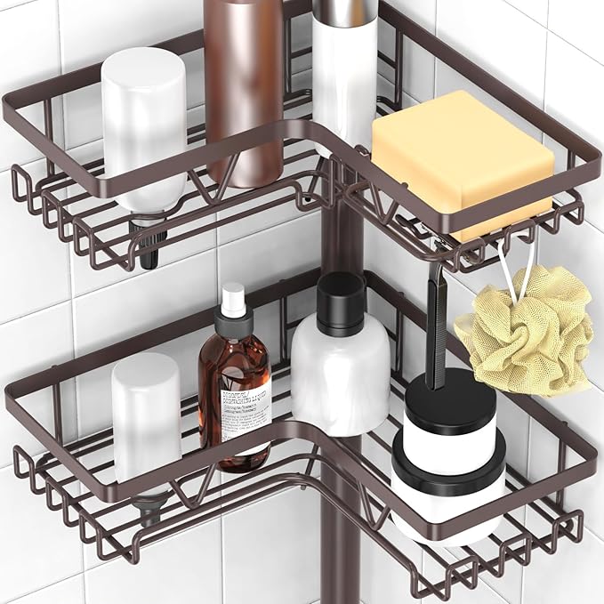 KEGII Floor Corner Shower Caddy Standing, Rustproof 4-Tier Shower Shelf Organizer with Hooks & Soap Holder, Free-Standing Bathroom Storage Rack for Shampoo & Toiletries, Bronze