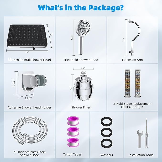 Hibbent Upgraded 5-spray 13'' Dual Filtered Rainfall Shower Head Combo, High Pressure 10-setting Handheld Shower Head with 12'' Adjustable Extension Arm, 20 Stage Shower Filter, 71'' Hose, Chrome