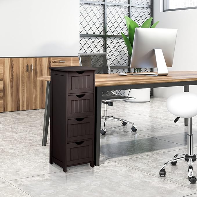 Bonnlo Skinny Bathroom Floor Storage Cabinet, 12 Inch Wide Deep Small Storage Organizer with 4 Drawers, Wooden Modern Espresso Thin Free Standing Tower Cabinet w/ 4 Cute Drawers for Bathroom