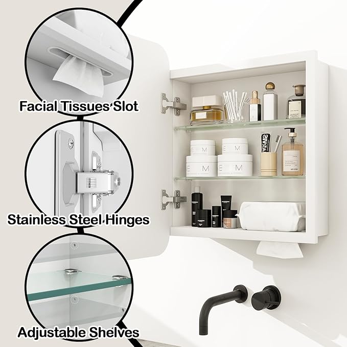 Rectangle Medicine Cabinet with Beveled Edge Mirror, No-Assembly Bathroom Wall Cabinet with Mirror, Adjustable Shelves, Tissue Slot, Recessed or Surface Mount (26" H x 20" W)