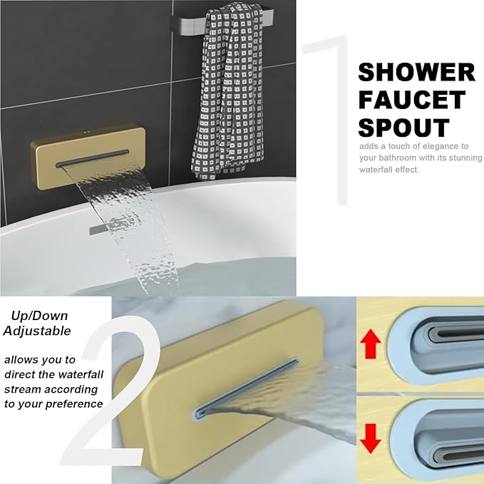 ENGA Shower System with Tub Spout, Bathtub Shower Faucet Combo Set - 10" & 6" Square Rain Shower Heads with 2 in 1 Handheld Spray, 4 Way Water Diverter, Brushed Gold