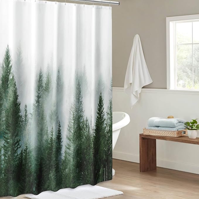 ORTIGIA 84 Inch Long Green Misty Forest Shower Curtain for Bathroom, Nature Woodland Shower Curtain Set with Hooks, Decorative Pine Tree Fog Magic Bath Curtain, Waterproof Fabric, Weighted, 72x84