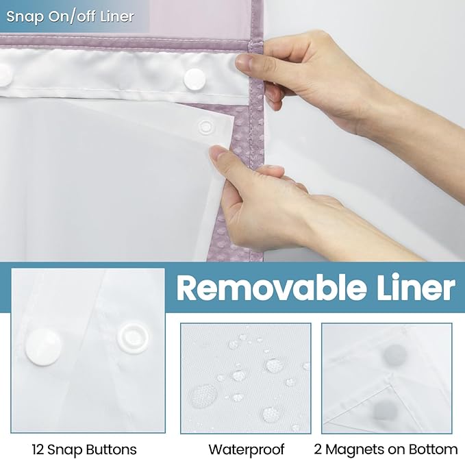 Lavender Long No Hook Shower Curtain with Snap in Liner,230GSM Waffle Weave Shower Curtains for Bathroom,71W x 86H