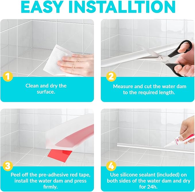 Shower Threshold Water Dam Barrier 67", Silicone Sealant Included, Collapsible Self-Adhesive Water Blocker, Shower Door Water Stopper for Floor Bathroom Kitchen Bathtub Sink