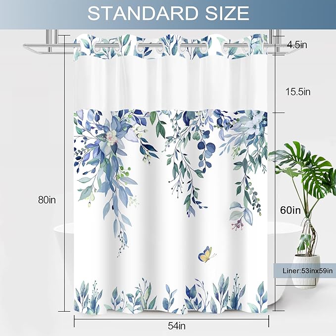 No Hook Shower Curtain and Liner Set, Blue Eucalyptus Floral Shower Curtains for Bathroom, Bath Curtain Sets with Snap in Liner, Waterproof with See Through Top Window, 54x80 Inches