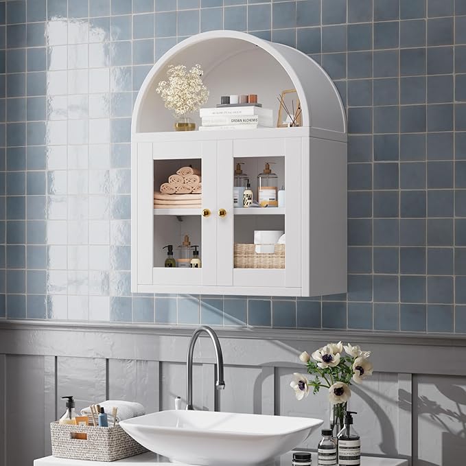 Metal Arched Wall Cabinet,Bathroom Wall Mounted Cupboard,Modern Arched Storage Cabinet with Glass Door and Adjustable Shelf,Space Saver Wall Cabinet,Requires Assembly(White)