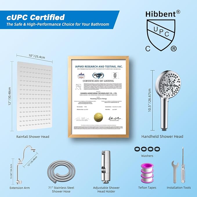 Hibbent cUPC Certified All Metal 12" Rainfall Showerhead Combo, High Pressure Shower Head with 10-Spray Mode Handheld, Innovative 4-way Diverter with Pause Mode, 71'' Shower Hose and Holder, Chrome