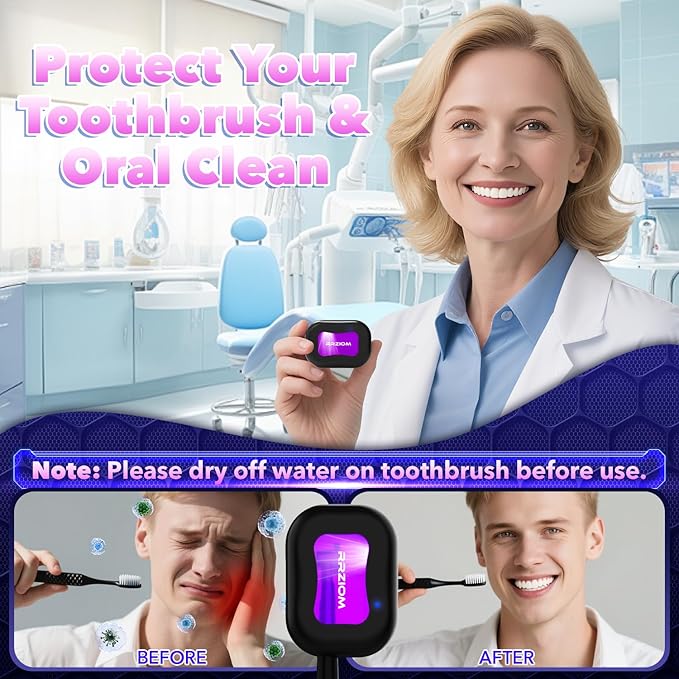 RRZIOM Toothbrush Sanitizer Case, Portable Toothbrush Covers Rechargeable, Rechargeable Toothbrush Cleaner Holder Case for Travel Home, Detachable Toothbrush Cover Cap for All Toothbrushes (Black)