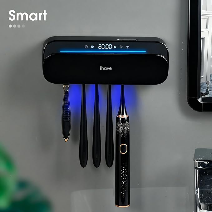 iHave Toothbrush Sanitizer and Holder, UV Toothbrush Holders for Bathrooms with 100M Negative Ions for 360° Disinfection, Mold Control & Odor Neutralization, 5-Slot Turbofan Drying Toothbrush Holder
