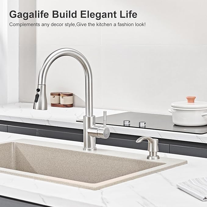 GAGALIFE Kitchen Sink Soap Dispenser with Large Bottle (Brushed Nickel), Built in Sink Soap Dispenser Refill from Top G080BN