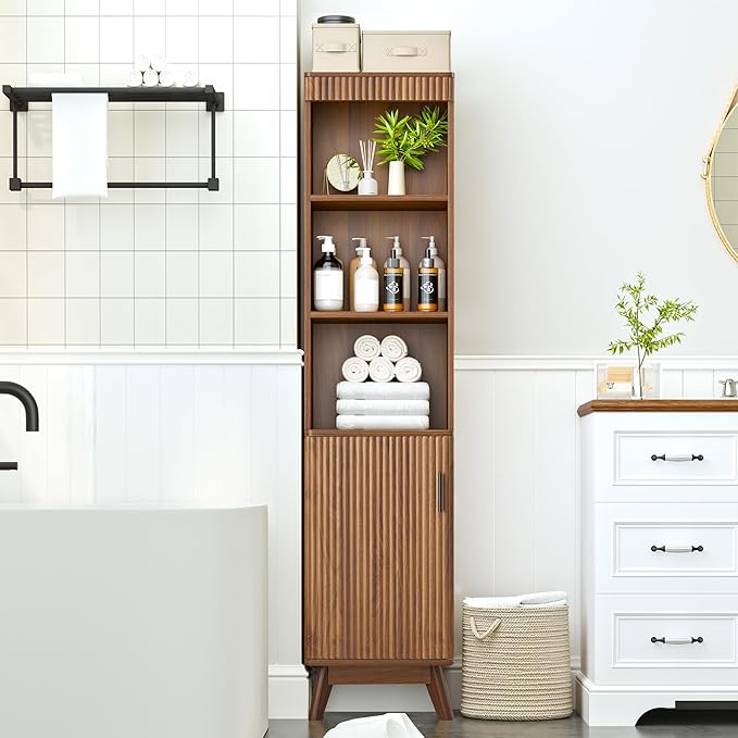 68" Tall Bathroom Storage Cabinet,Narrow Fluted Tower Cabinet with Door and Shelves,Slim Space Saving Storage Unit for Bathroom Kitchen Living Room (Walnut, 11.8" D x 15.75" W x 68" H)