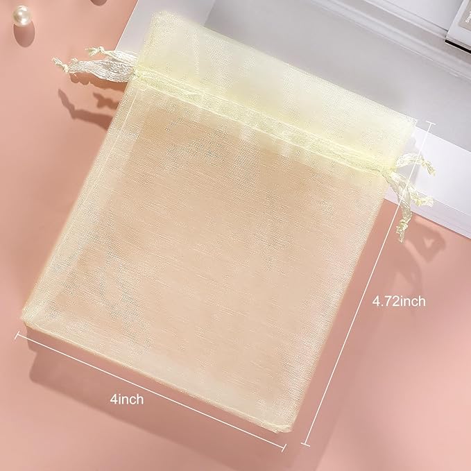 Hopttreely 100pcs Organza Bags, 4''x4.72'' Pastel Yellow Satin Drawstring Organza Pouch Wedding Party Favor Gift Bag Jewelry Watch Bags