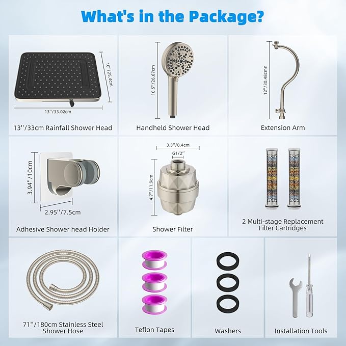 Hibbent 5-spray 13'' Dual Filtered Rainfall Shower Head Combo, High Pressure 10-setting Handheld Shower Head with 12'' Adjustable Extension Arm, 20 Stage Shower Filter, 71'' Hose, Brushed Nickel