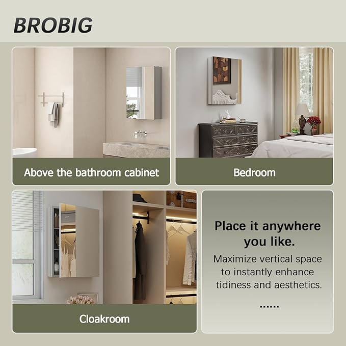 Bathroom Medicine Cabinet with Mirror, 14x18 Recessed or Wall Mirror Medicine Cabinet with Storage Adjustable Glass Shelves, Beveled Edge Mirrored Door with Aluminum Cabinet Hinges