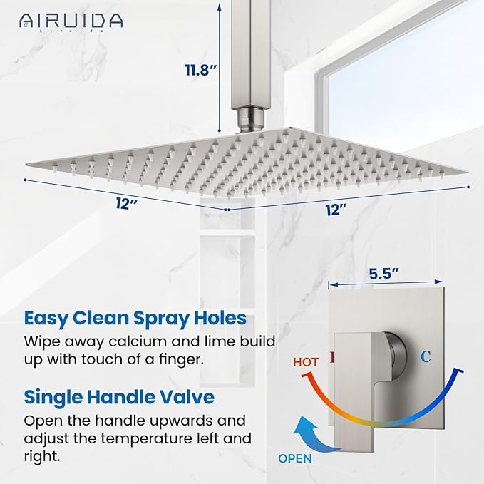Airuida Shower Faucet Set and Handle Set Single Function Shower Trim Kit Ceiling Mount Rainfall Shower System with Male Threads and Rough-in Valve 12 Inch Square Shower Head Brushed Nickel