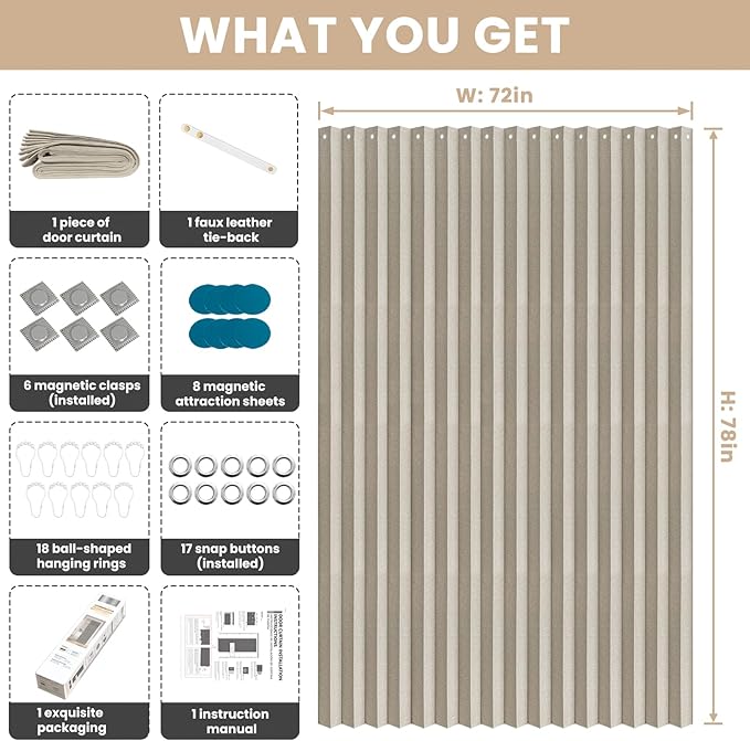 Accordian Door Curtain, 100% Blackout Folding Magnetic Doorway Curtains,Linen Style Closet Doors,for Room Divider,Privacy Protection（W72 x L78,Off White,1 Panel）