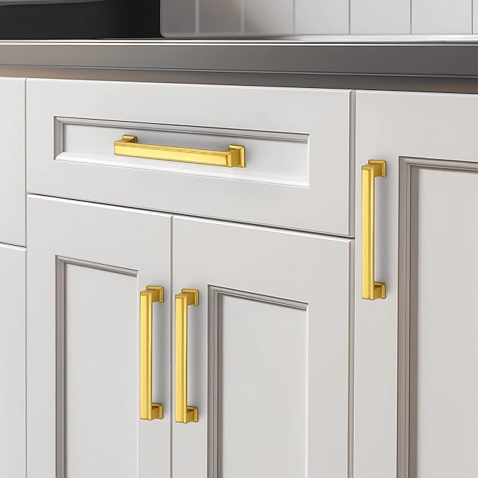 Ravinte Hardware 5 Pack Brushed Brass Cabinet Pulls, 5 Inch (128mm) Hole Center Zinc Alloy Drawer Handles for Kitchen Cabinets, Cupboards, Dressers, Square Solid Metal Hardware