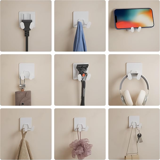 Adhesive Shower Hooks for Bathroom - Extra Sticky Stainless, Wall Hooks for Hanging Towel, Razor, Loofah, Robe, Coat, Heavy Duty Hanger for Kitchen, Bedroom, Door, Metal, Matt White, 6 Pack