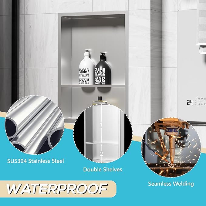 Stainless Steel Shower Niche 18" X 12", No Tile Needed Wall Niche Double Shelves, Recessed Shower Shelf for Bathroom Storage, Brushed Nickel