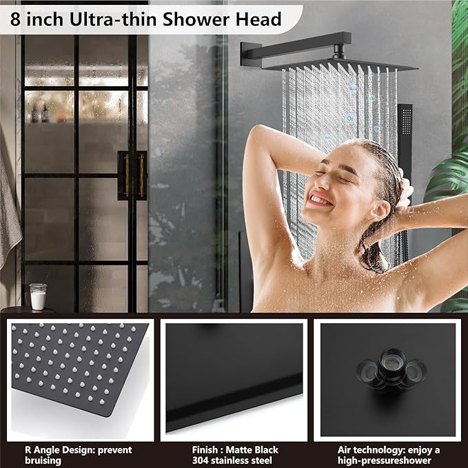 Midanya Rain Shower System with Tub Spout,Tub Shower Faucet Set with rainfall Shower Head and Handheld Spray,Wall Mount Tub Shower Combo Rough-in Valve Included,8 Inch Matte Black