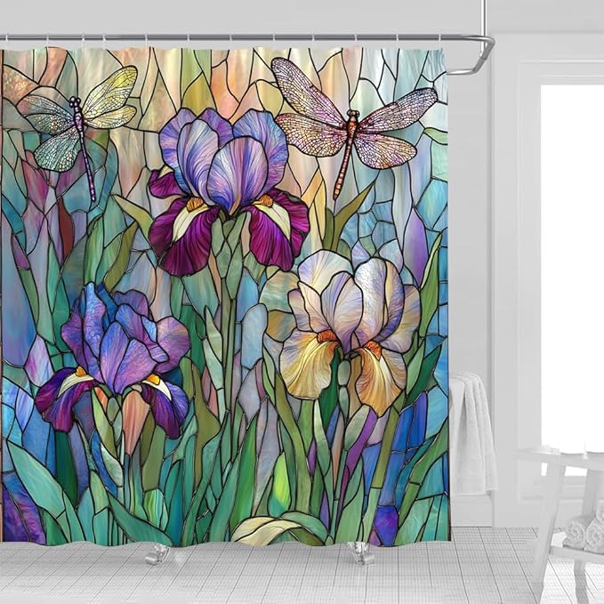 Stained Glass Shower Curtain Artistic Iris Dragonfly Purple Floral Green Leaves Abstract Nature Plant Spring Summer Modern Botanical Fabric Bathroom Decor Curtains with Hooks,70 x 75
