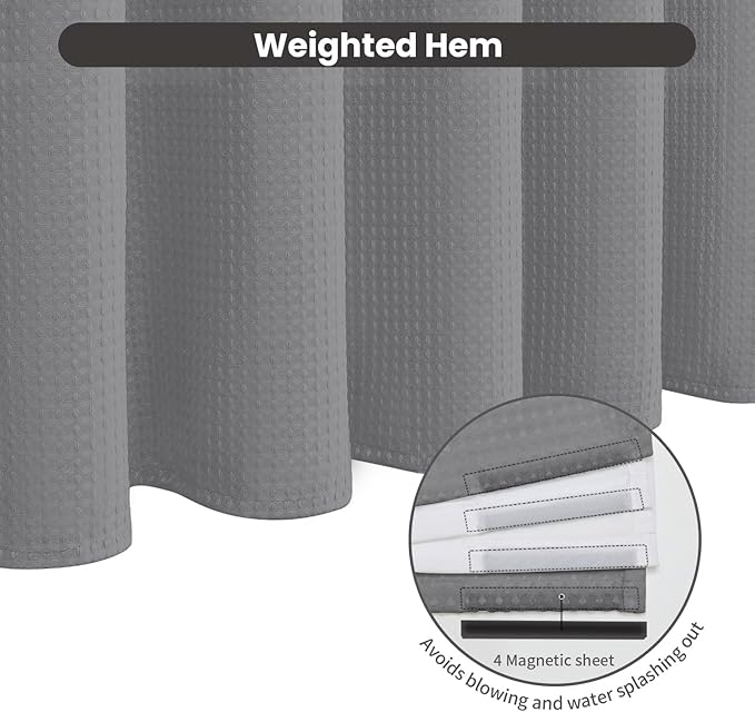 Inhousolu No Hook Waffle Weave Shower Curtain with Removable Snap in Fabric Liner Set for Bathroom, 230 GSM Heavy Duty Weighted Hem, Water Repellent Washable Bath Curtains, 72 x 72 Inch, Grey