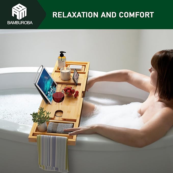 Bamboo Bathtub Caddy Tray Expandable for Luxury Bath, Bath Accessories & Table with Wine Glass Holder, Book Stand Bathroom Organizer with Extending Sides for Men/Women,Natural