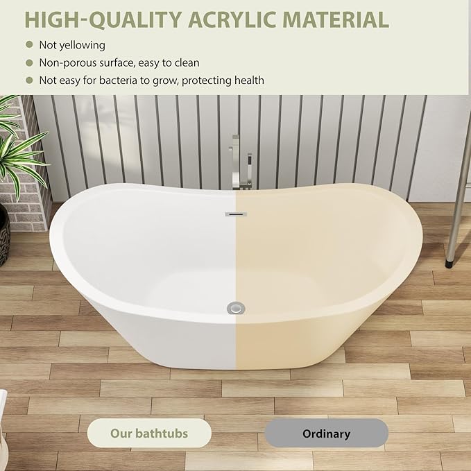 59 Inch Acrylic Freestanding Soaking Bathtub - Mocoloo Contemporary Soaking White Tub Stand Alone Bathtub with Overflow and Drain