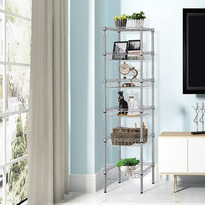 BNSPLY 6 Tier Wire Shelving Unit with Baskets Shelving, Height Adjustable Wire Shelves, Metal Storage Rack for Kitchen, Bathroom, Laundry Closet (13.5" D x 13.5" W x 63" H, Silver)