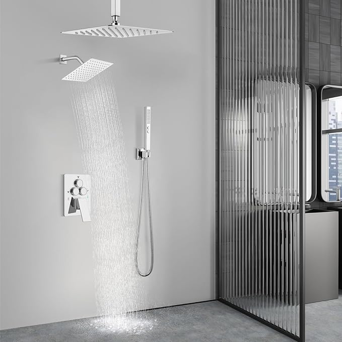 Aolemi Shower Faucet Set Ceiling Mount Shower System Rough-in Valve and Shower Trim Kit 10 and 6 Inch Dual Shower Head 2 in 1 Handheld Spray Push Button Diverter Polish Chrome
