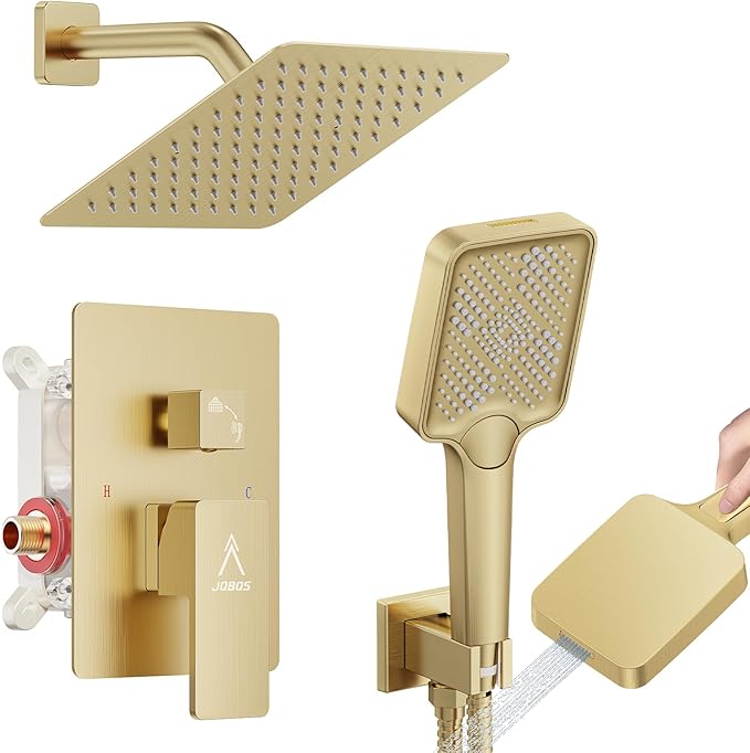 Shower System Modern Rain 8 inches Brass Faucet Set With Valve and Diverter Shower Mixer With Handheld High Pressure Square Rainfall Shower Valve (8'' Wall Mount, Brushed Gold)
