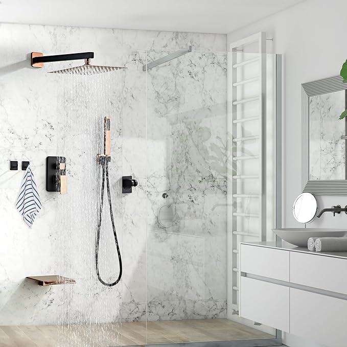 Shower Faucet Set with Tub Spout, Matte Black and Rose Gold Rainfall Shower System Complete Wall Mounted for Bathroom with 10 Inch Square Shower Head and Handheld Shower Head Rain Mixer Combo