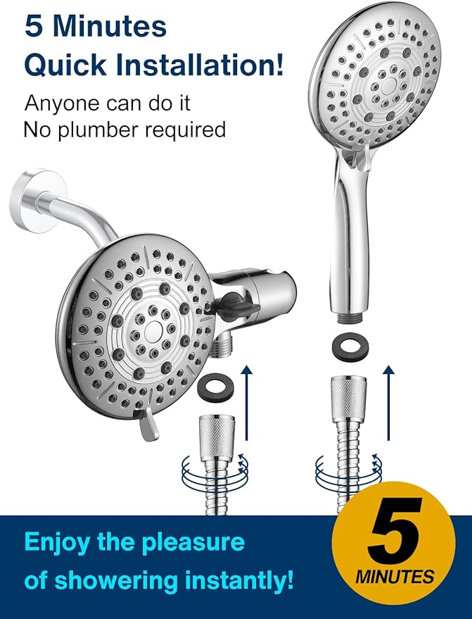 Cobbe 48-Setting High Pressure 3-Way Shower Head Combo, Hand Held Shower & Rain Shower Separately or Together, 4.7" Dual 2 in 1 Showerhead with Hose - Brushed Nickel - U.S. Invention Patents
