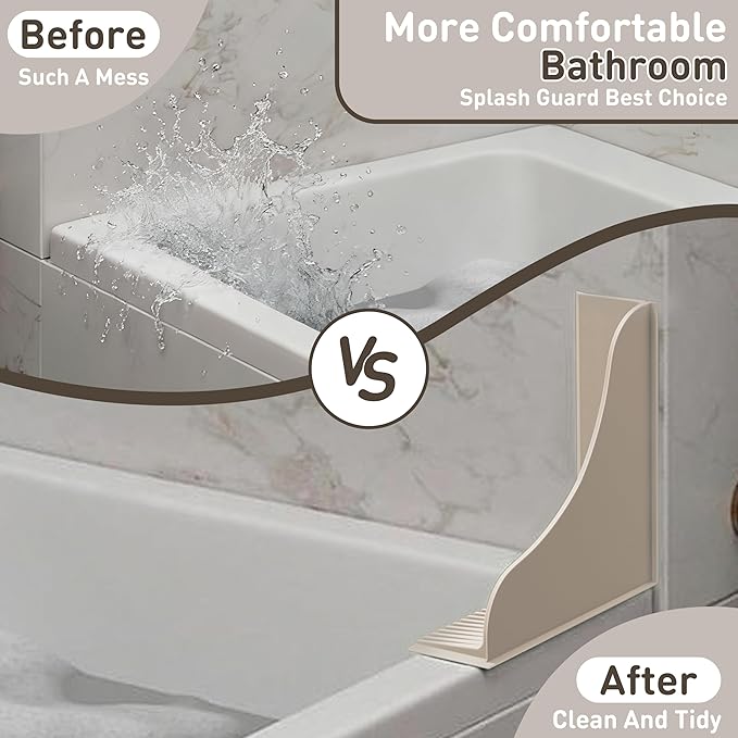 Roslim No-Adhesive 2-Pack All-Silicone Shower Splash Guard with Strong Suction Cups, Reusable Bath Tub Corner Water Blocker for Secure Seal，Keep Water in Shower or Bath, One-Piece Design, Taupe