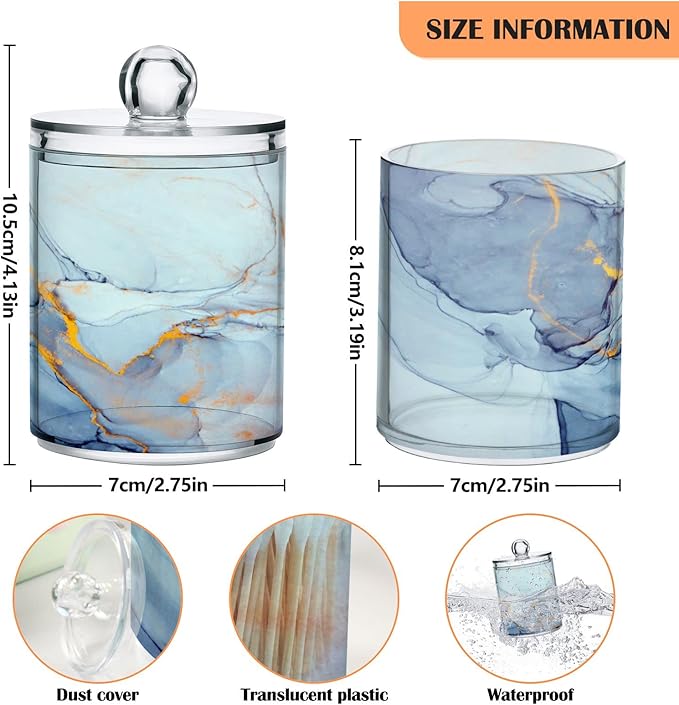 MNSRUU 2 Pack Qtip Holder Organizer Dispenser Teal Blue Marble Bathroom Storage Canister Cotton Ball Holder Bathroom Containers for Cotton Swabs/Pads/Floss