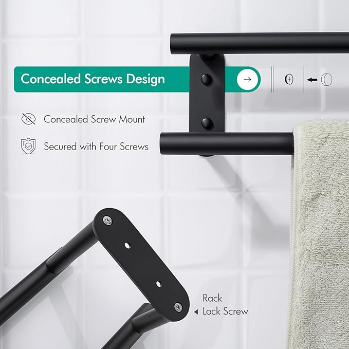 BAGNOLUX Double Towel Bar, SUS304 Towel Racks for Bathroom Wall Mounted 2-Tiers Ladder Towel Rails, Space Saving Bathroom Towel Holder Shelves Rack, Long Towel Hanger (16“-Round-Matte Black)