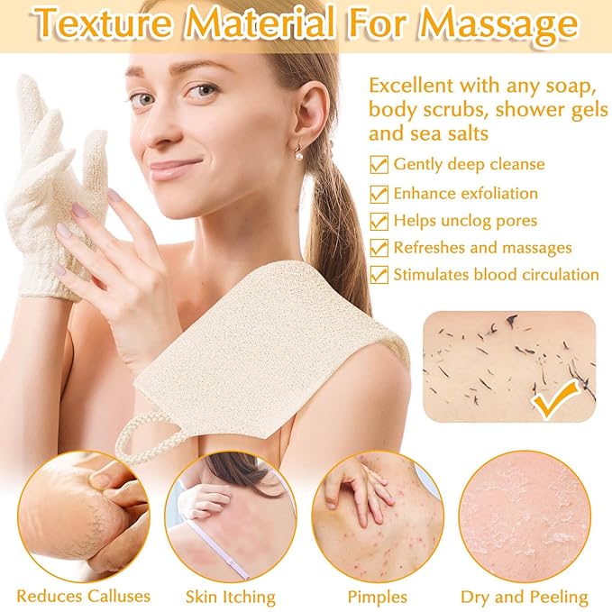 Anezus Exfoliating Back Scrubber Bath Gloves Set, Exfoliating Shower Towel with Shower Gloves for Body Scrub, Back Cleaner Wash Gloves to Remove Dead Skin (Beige)