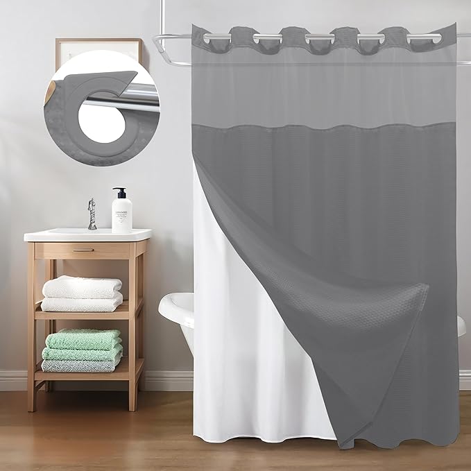 Inhousolu No Hook Shower Curtain with Snap in Fabric Liner Set Waffle Weave 230GSM Weighted Hem, Waterproof & Washable Bathroom Curtain Spa Luxury with Mesh Top Window 72" W x 72" L Grey