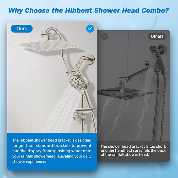 Hibbent cUPC Certified All Metal 12" Rainfall Showerhead Combo, High Pressure Shower Head with 10-Sprays Handheld, Innovative 4-way Diverter with Pause Mode, 71'' Shower Hose & Holder, Brushed Nickel