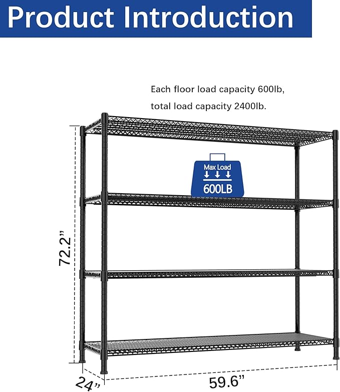 REGILLER 4-Wire Shelf Adjustable Heavy Duty Storage Shelves,Metal Organizer Wire Rack for Laundry Bathroom Kitchen Pantry Closet Garage Shelving(Black,24" Dx59.6 Wx72.2 H)