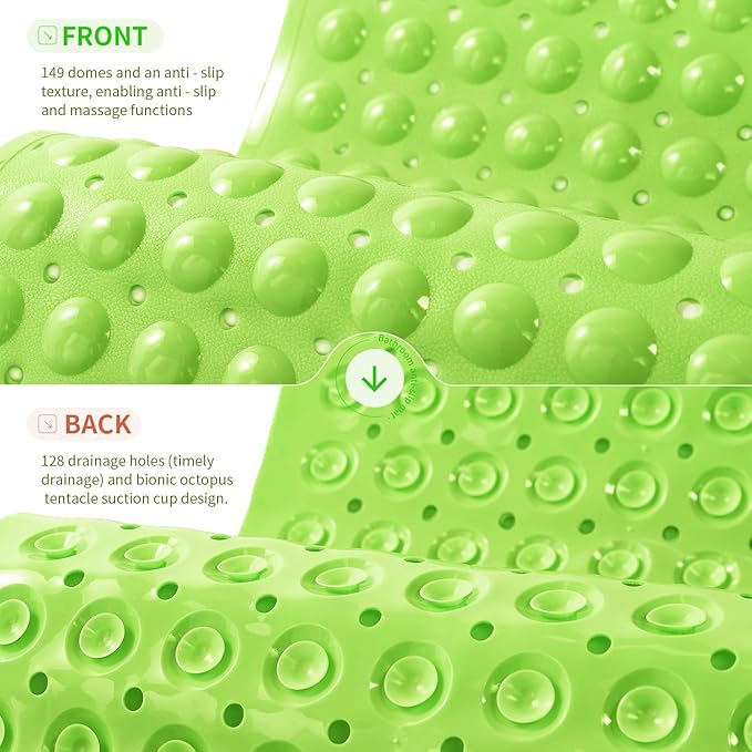 Anti-Slip Bathtub Shower mat, 27.5×14.5（Approximately 70×37cm） inch Soft Oversized Machine Washable Non-Slip Bathtub mat with Drainage Holes, Bathroom Floor Suction Cup.（1-Opaque Pea Green）