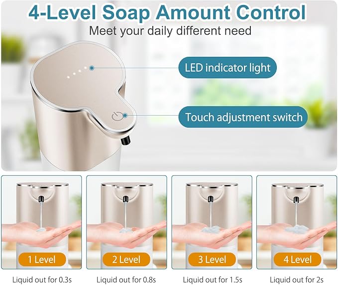 Automatic Liquid Soap Dispenser with 4 Adjustable Volume Control, Touchless Rechargeable Hands Free Auto Soap Dispenser for Kitchen, Bathroom, Hotel, Restaurant,13.5oz/ 400ml