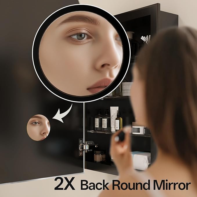 Arched Bathroom Medicine Cabinet with Mirror, No Assembly Needed, Recessed or Surface Mount Wall Storage Cabinet, Mirror Cabinet with Tissue Slot & 2X Magnifying Mirror (Black, 29.5"L x 15.7"W)