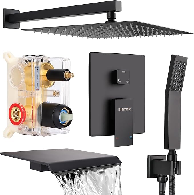 Wall Mounted Shower Faucet Set, Shower System with Tub Spout, 12 Inch Rainfall Shower Head with Handheld Spray, Waterfall Tub Spout Bathtub Faucet, Black