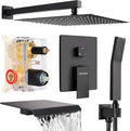 Wall Mounted Shower Faucet Set, Shower System with Tub Spout, 12 Inch Rainfall Shower Head with Handheld Spray, Waterfall Tub Spout Bathtub Faucet, Black